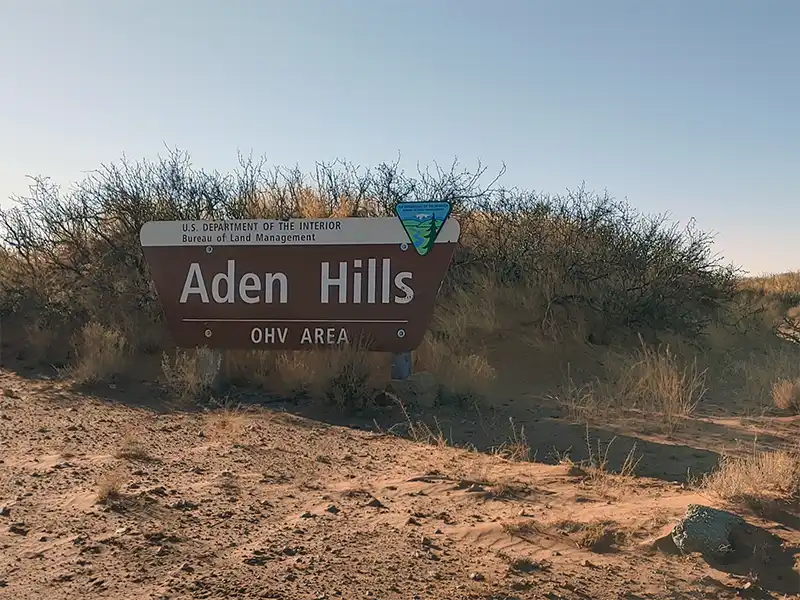 Photo of the entrance sign at Aden Hills OHV Area, Las Cruces, New Mexico