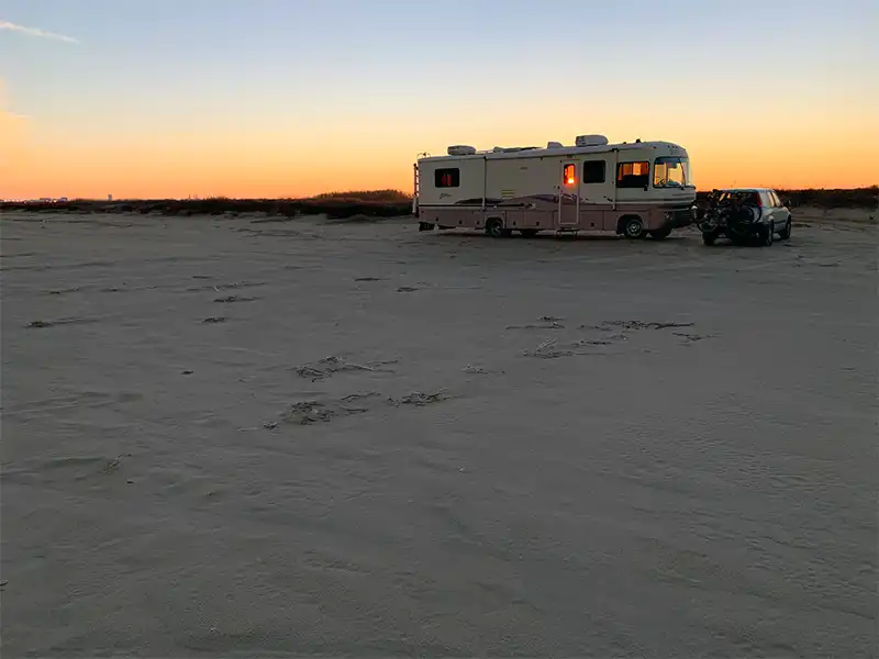 photo of a motorhome camping at bolivar flats beach texas
