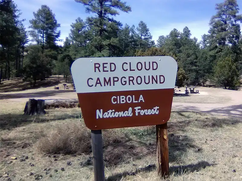 Photo of the entrance sign to red cloud campground, corona, nm