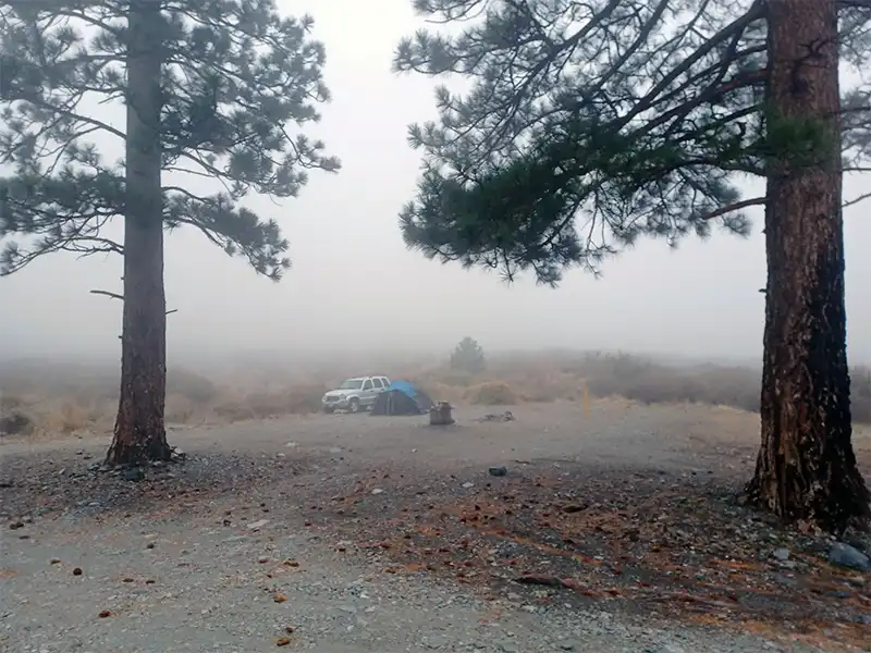 photo of a foggy campsite at stockton flats yellow post sites, lytle creek, ca