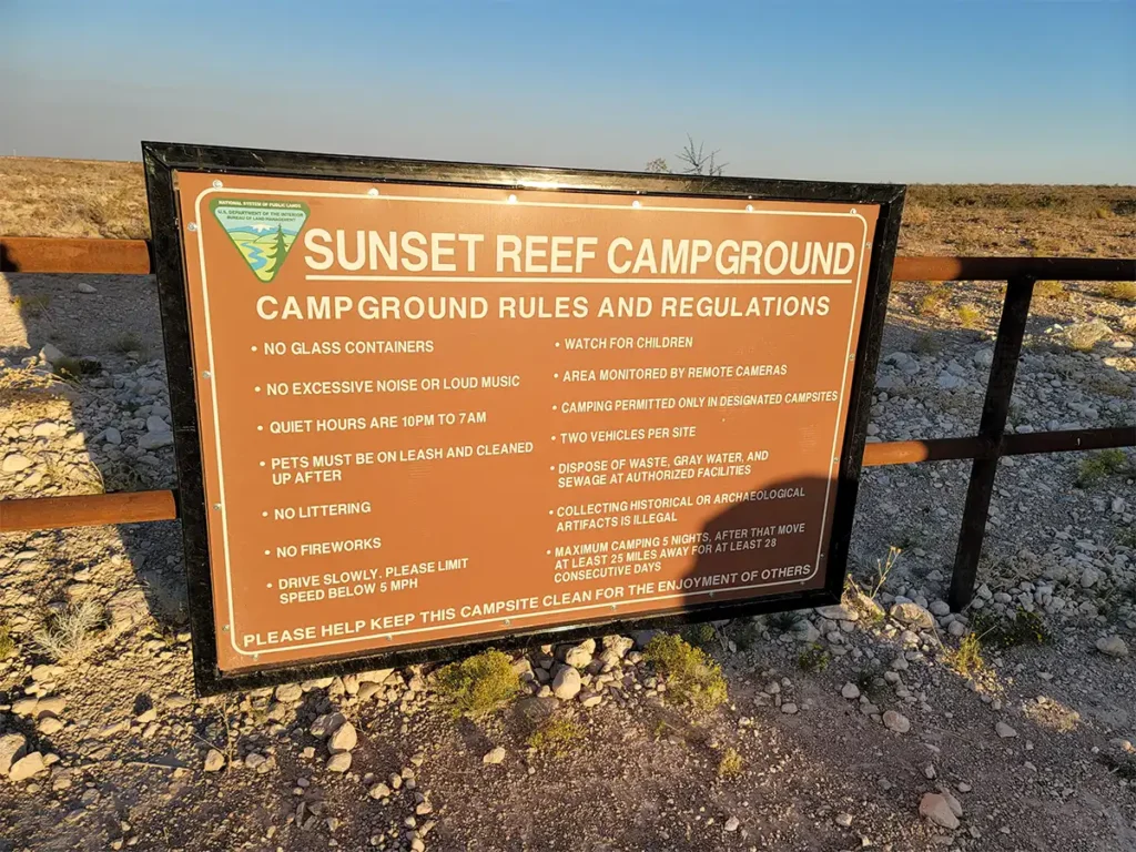 photo of the rules at Sunset Reef Campground near Carlsbad, NM
